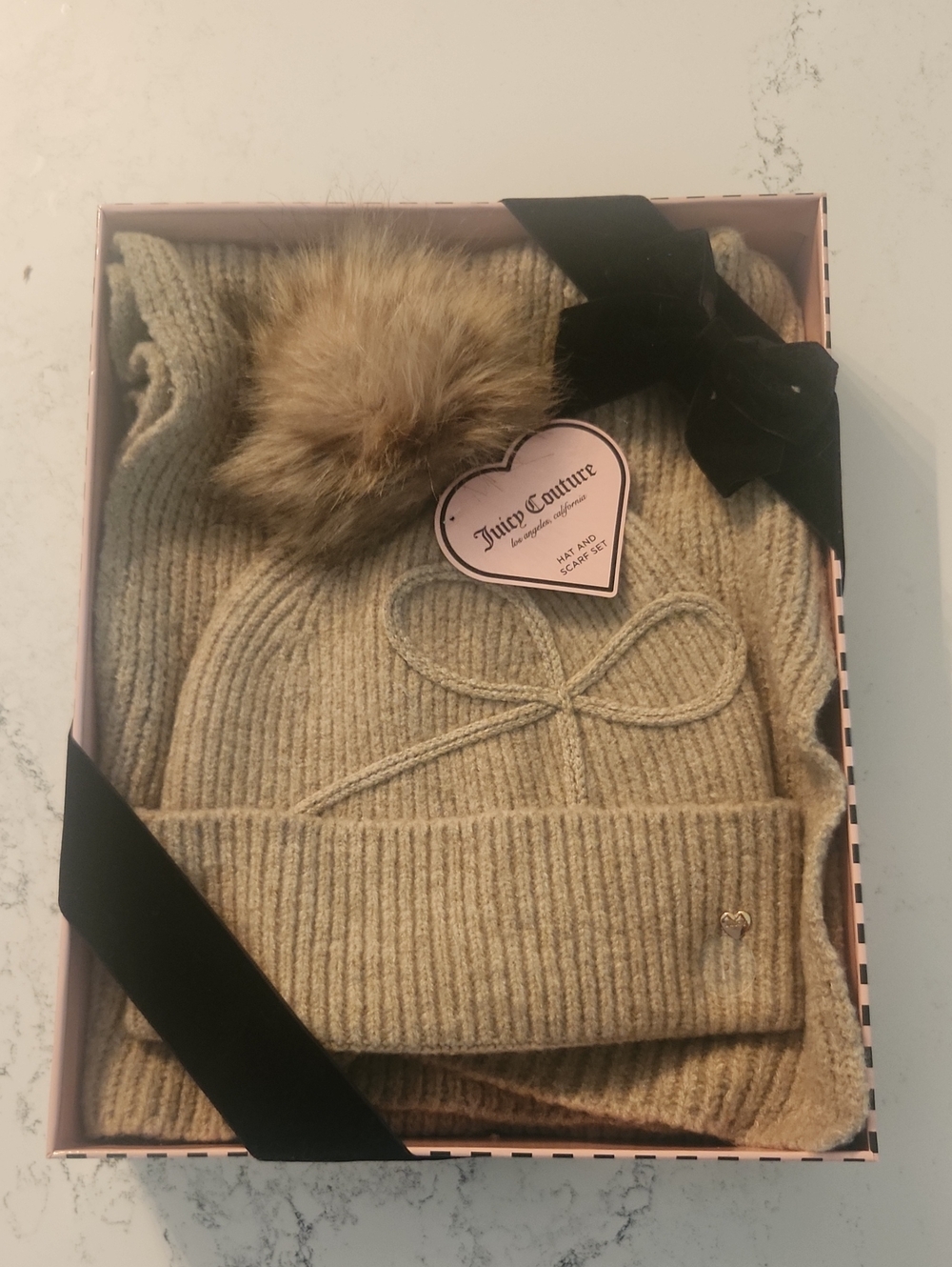 Juicy Couture Tan Ribbed Knit Beanie & Scarf Set with Faux Fur Pom